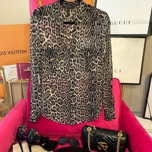 100% SILK Leopard Blouse black tan cream BCBG S/4